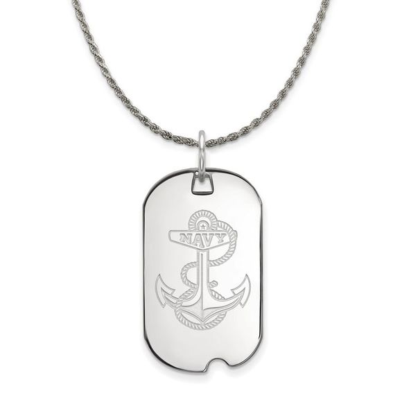 Sterling Silver U.S. Navy Large Dog Tag Pendant Necklace -...